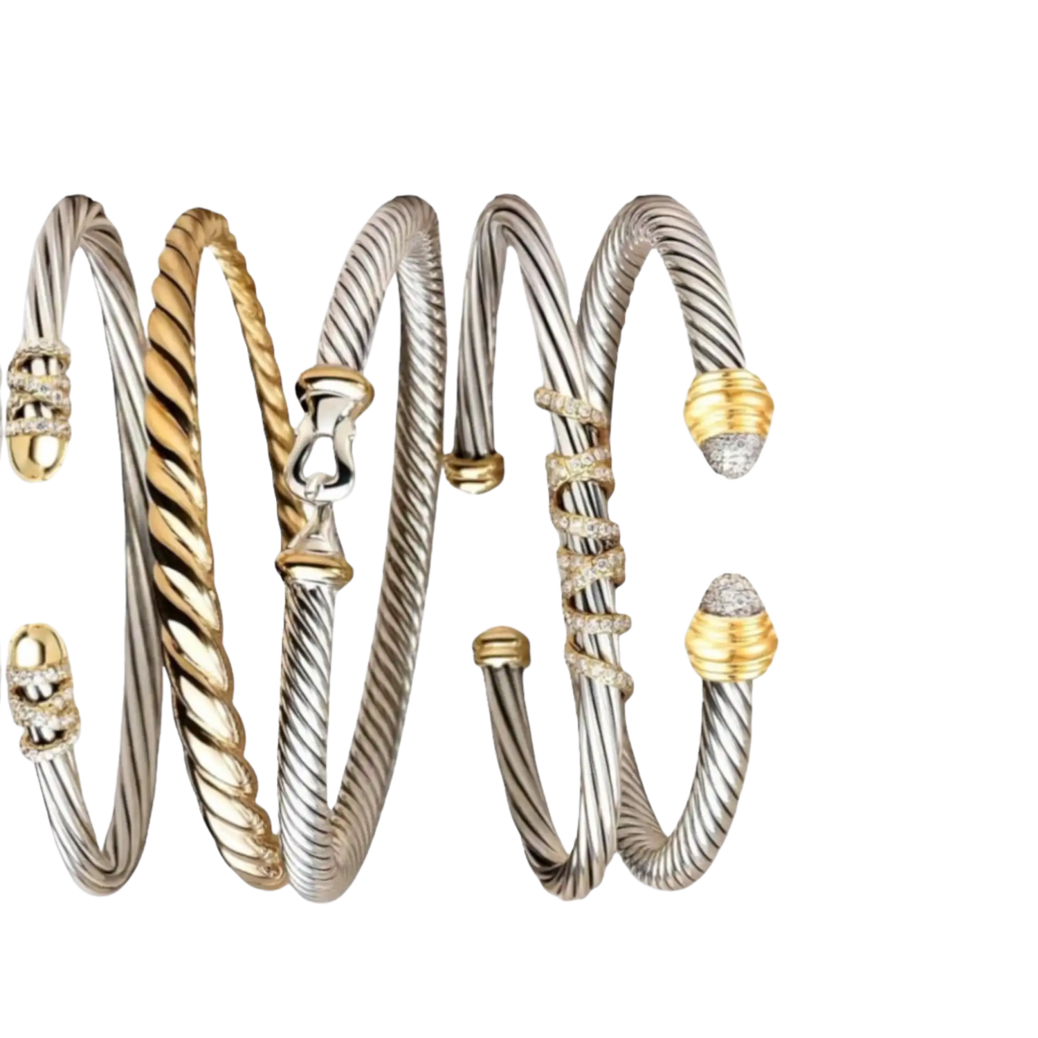 Silver and gold twisted cable bracelets with diamond accents.