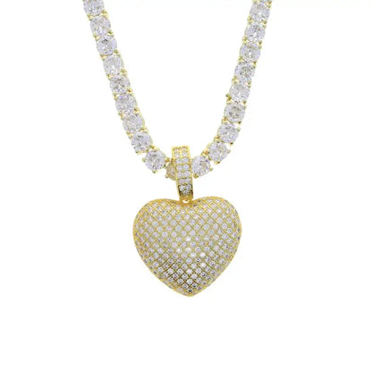 Sparking Bling 5A Crystal Paved Heart Charm Pendant Hip Hop Love Necklace for Women Men 5MM Cz Tennis Chain Jewelry