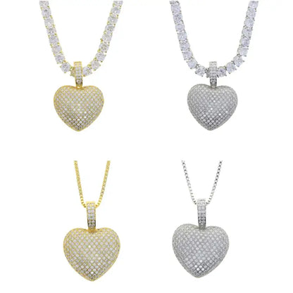 Sparking Bling 5A Crystal Paved Heart Charm Pendant Hip Hop Love Necklace for Women Men 5MM Cz Tennis Chain Jewelry