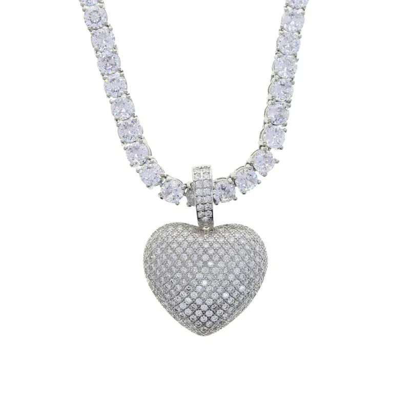 Sparking Bling 5A Crystal Paved Heart Charm Pendant Hip Hop Love Necklace for Women Men 5MM Cz Tennis Chain Jewelry