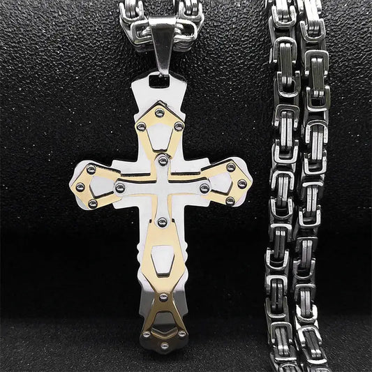 Stainless Steel Byzantine Box Chain Cross Pendant Necklace