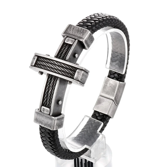 Leather Steel Wire Cross Bracelet Charm Chain Men’s Stainless Fashion Jewelry Gift - Vintage Silver / 22cm