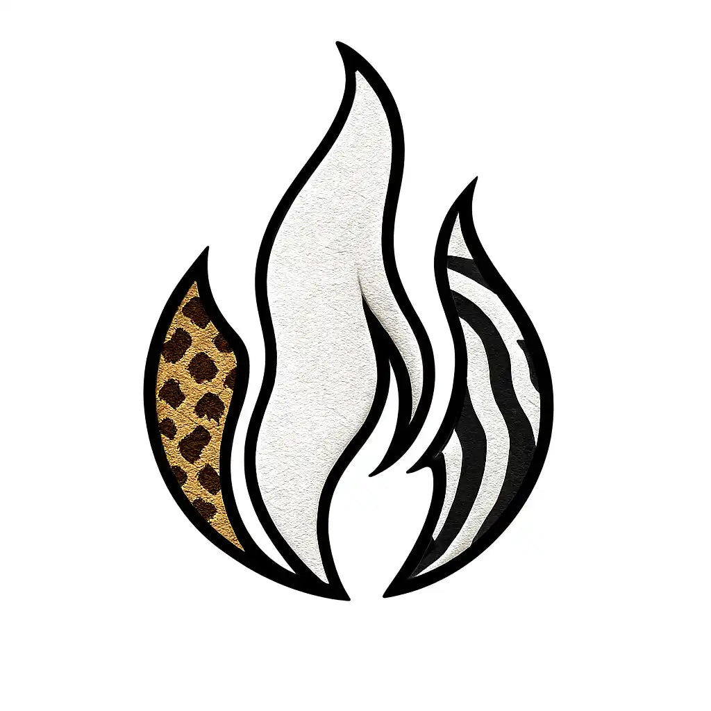A stylized flame composed of three distinct segments: leopard print on the left, textured white in the center, and zebra stripes on the right, all outlined in black.