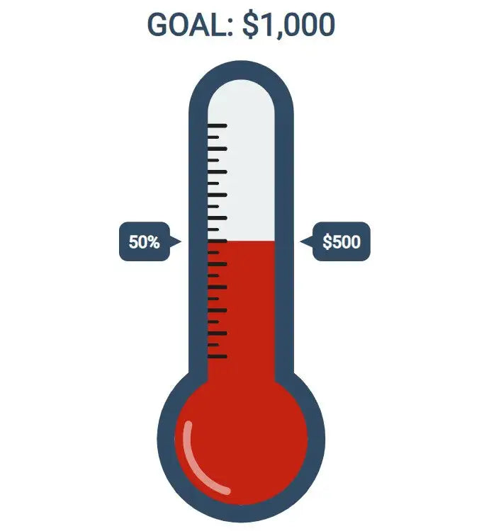 A stylized thermometer graphic with a dark blue outline and red liquid, indicating 50% progress toward a $1,000 goal.