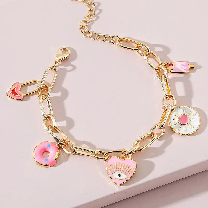 Pink Icecream Doughnut Heart Charm Bracelet For Girl Chain Cute Lovely Purple Epoxy Jewelry