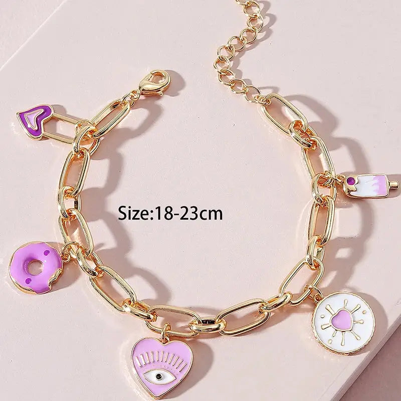 Obega Pink Icecream Doughnut Heart Charm Bracelet For Girl Evil Eye Korean Chain Cute Lovely Purple Epoxy Jewelry