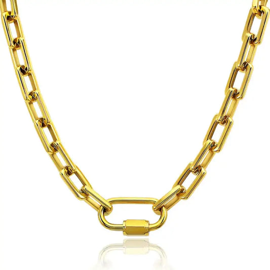 Trendy Rectangular Link Carabiner Chain Necklace - Gold