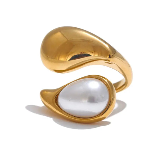 Yhpup Fashion Imitation Pearl Water Drop Finger Adjustable Ring Women 316L Stainless Steel Elegant Gold Platinum Plated Jewelry