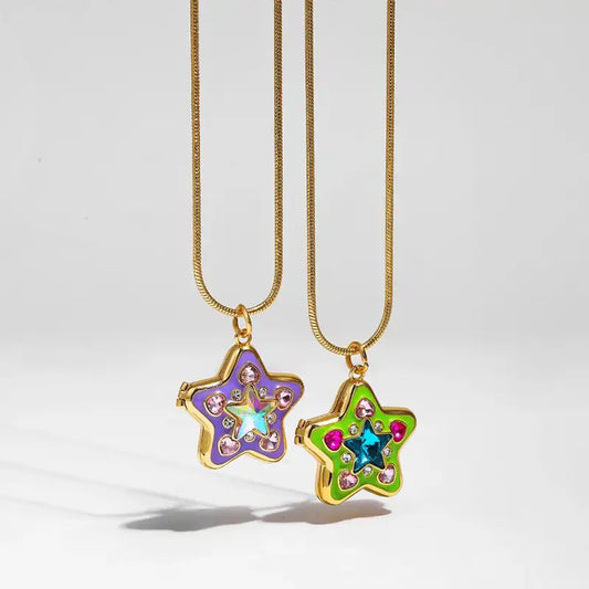 Fresh Green Lovely Star Crystal Locket Pendant Neckalce Colorful Enamel Color Photo Frame Necklaces Collar Family Gifts