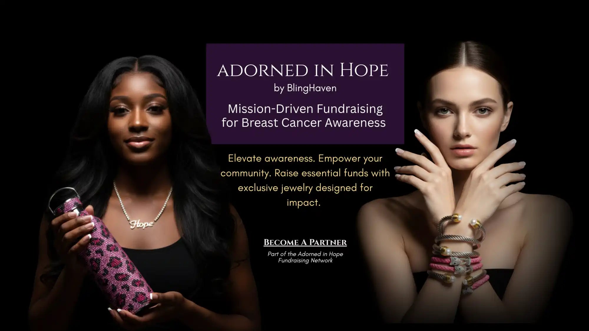 Two women promoting breast cancer awareness through jewelry and merchandise.