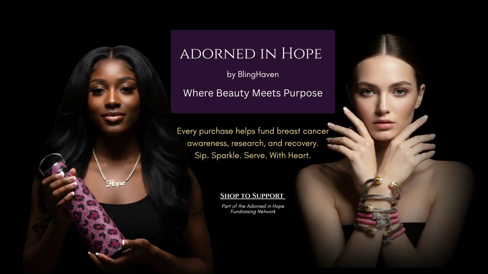 Two women modeling jewelry and a water bottle.